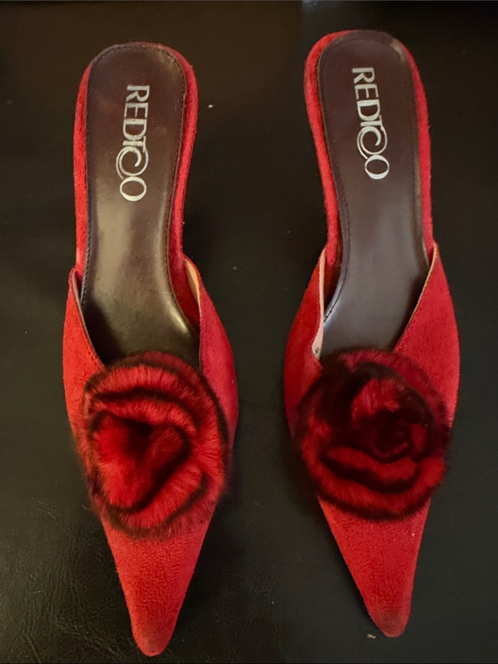 Red Suede Pointed Mule with Floral Accent by